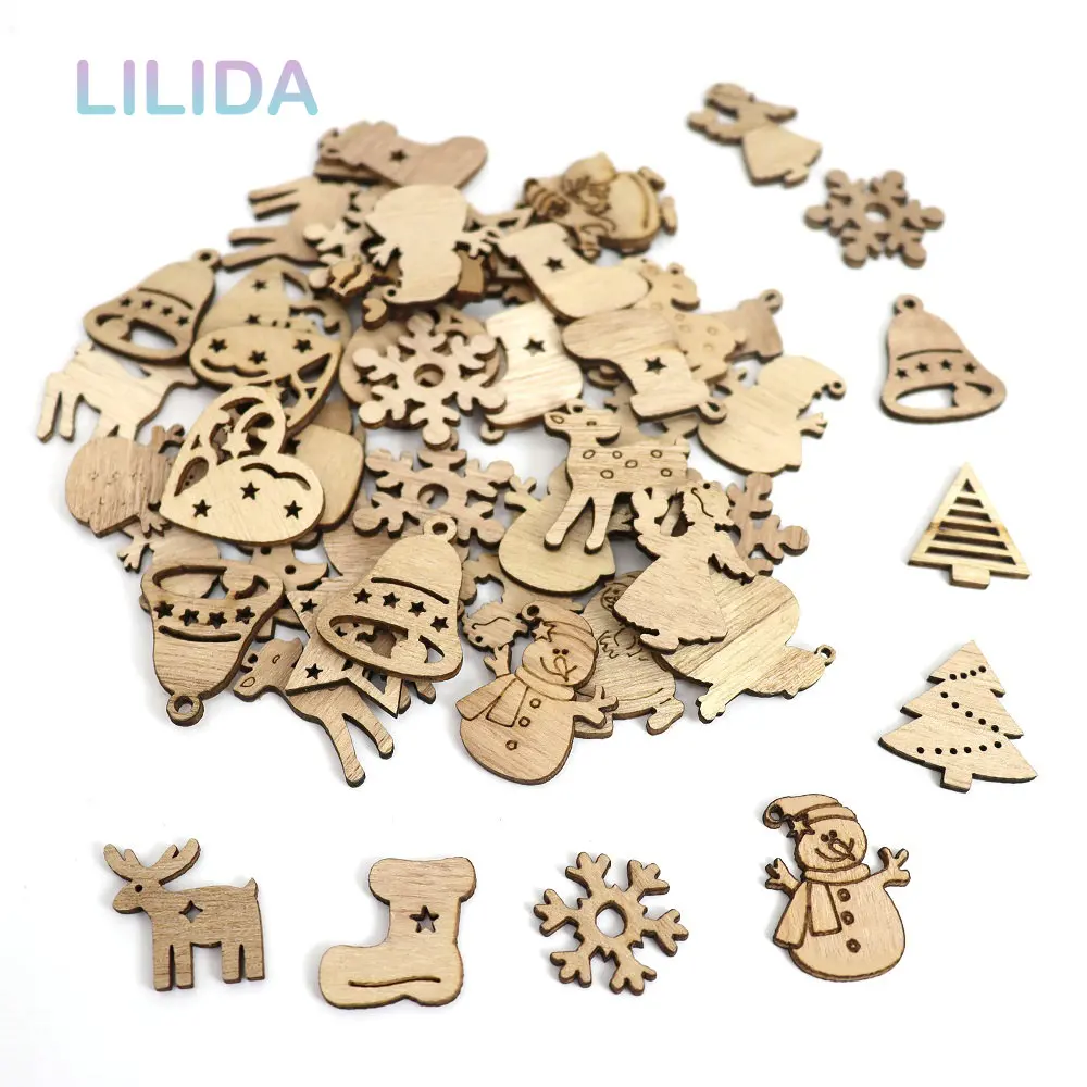 

50/100PCS DIY Natural Wooden Chip Santa Claus Christmas Tree Hanging Ornaments Pendant Snowman Xmas Decoration Cartoon Wood Chip