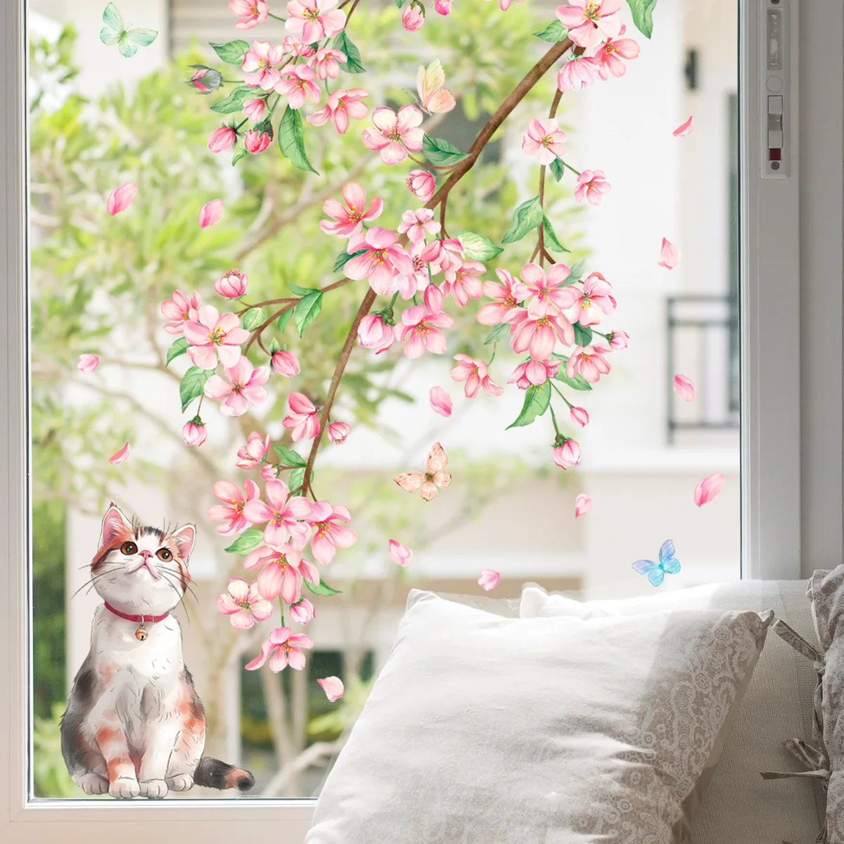 Creative Peach Blossom Branch Window Cling Floral Butterfly Kitten Static Sticker No Glue for Kitchen Restaurant Shop Decor