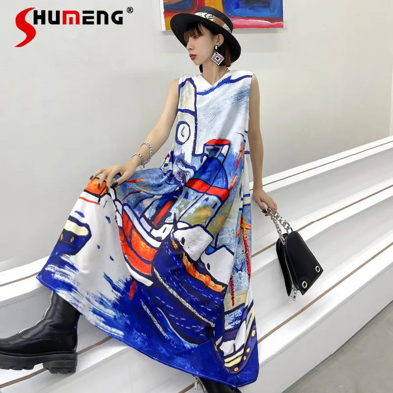 

Hepburn Style Western Style V-neck Sleeveless Vest Dress Women's Summer 2023 Thin Oil Painting Printed Long A- line Dress