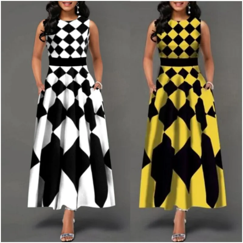 

Summer New 2023 Fashion Round Neck Pullover Women's Sexy Sleeveless Temperament Printed A-Line Dress Plus Size Dress S-5XL