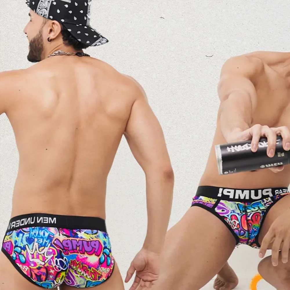 2PCS Sexy Men Underwear Funny Briefs Underpants Graffiti Panties Jockstrap Low Waist Butt Lifter Male Underwear MP223