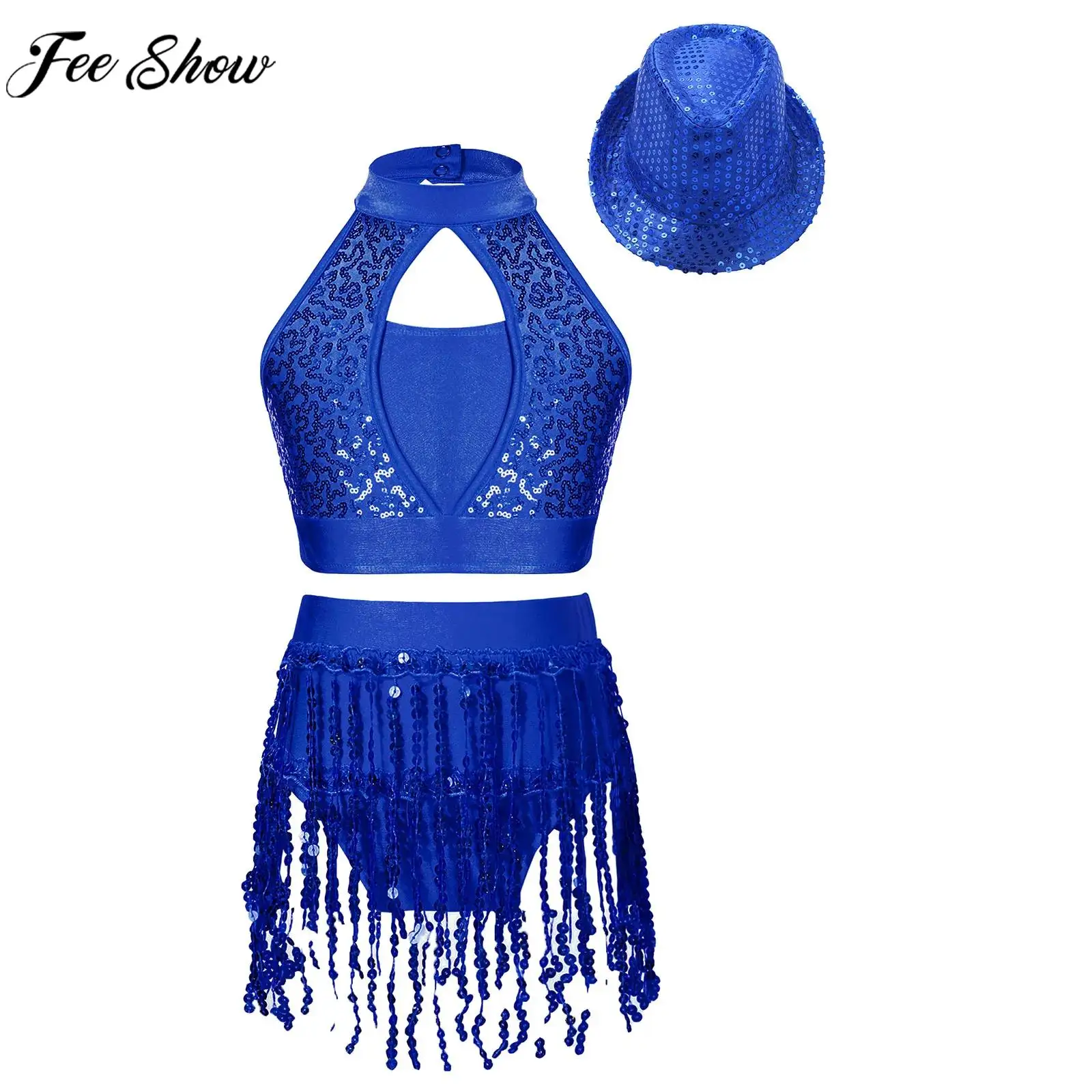 

Girls Jazz Dance Outfit Latin Cha-cha Samba Rumba Performance Costume Sleeveless Sequin Crop Top with Tassel Leotard Skirt Hat