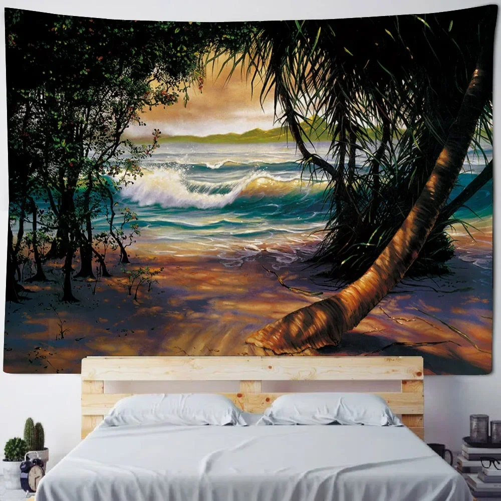 Retro oil painting tapestry, ocean view, home wall hanging fabric, Bohemian, aesthetics, living room, bedroom, wall decoration