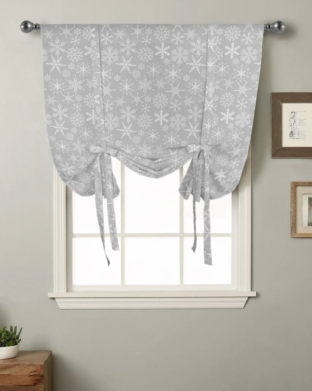 

Christmas Snowflake Hand Drawn Window Curtain for Living Room Roman Curtains for Kitchen Cafe Tie Up Short Drapes