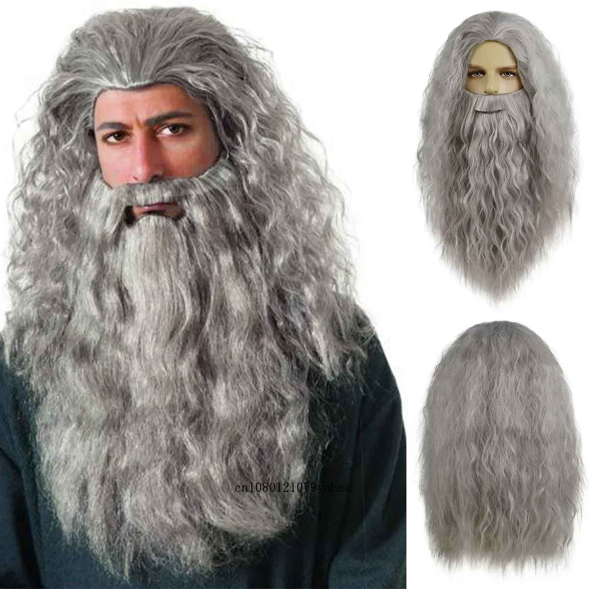 Déguisement Magicien - Perruque Longue Grise Avec Barbe - Costume Gandalf, Merlin, Sorcier Pour Carnaval & Fêtes