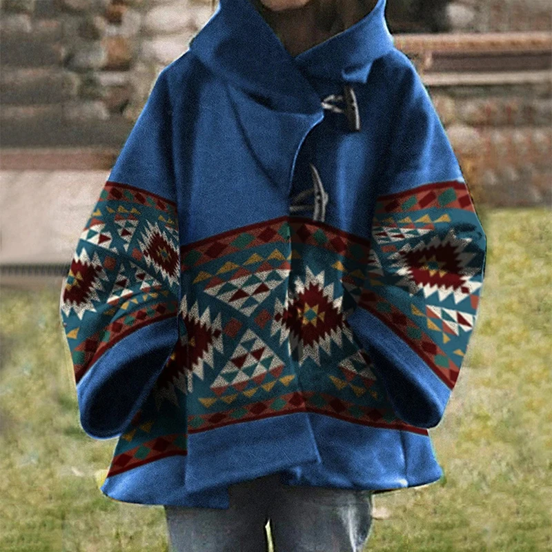 

Fall Winter Shawl Warm Retro Overcoat Ethnic Style Geometry Print Patchwork Top Cardigan Women Long Sleeve Pocket Jacket Outwear