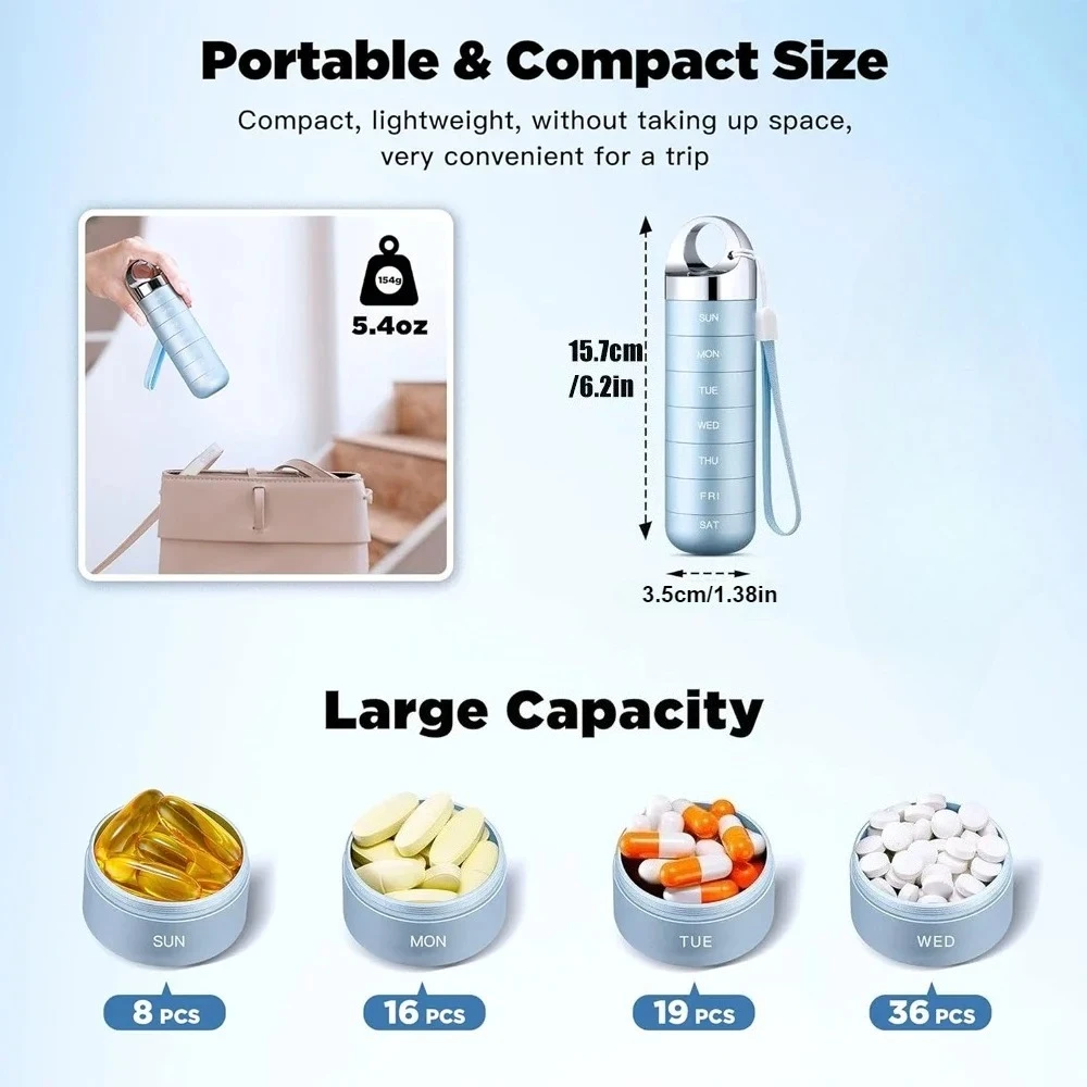 Compact Waterproof Aluminum Travel Pill Organizer for Vitamins - Portable 7-Day Storage Case