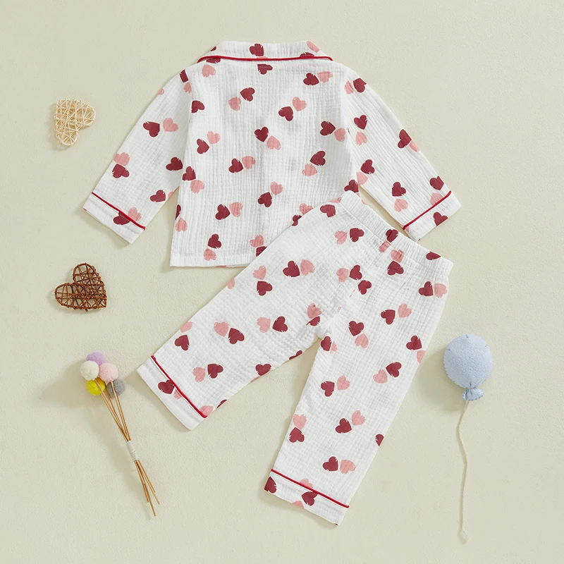 Girls Pajama Set Cute Heart Patterned Long Sleeve Top with Cozy Elastic Waist Pants for a Good Night s Sleep