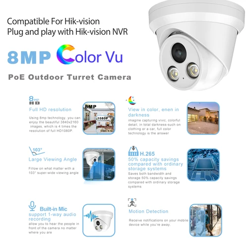 Vikylin HIK 호환 4K ColorVu IP 카메라 컬러 야간 카메라, 다채로운 8MP 5MP 내장, 마이크 PoE 보안 CCTV, H.265 블랙 컬러 5