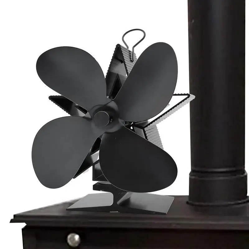 Black Fireplace 4 Blade Heat Powered Stove Fan Log Wood Burner Eco Friendly Quiet Fan Home Efficient Heat Distribution