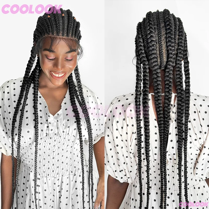 36 Zoll Geflochtene Perücke Mit Babyhaar & Spitzenfront – Hitzebeständige Kunstfaser, Cornrows Stil, Für Schwarze Frauen