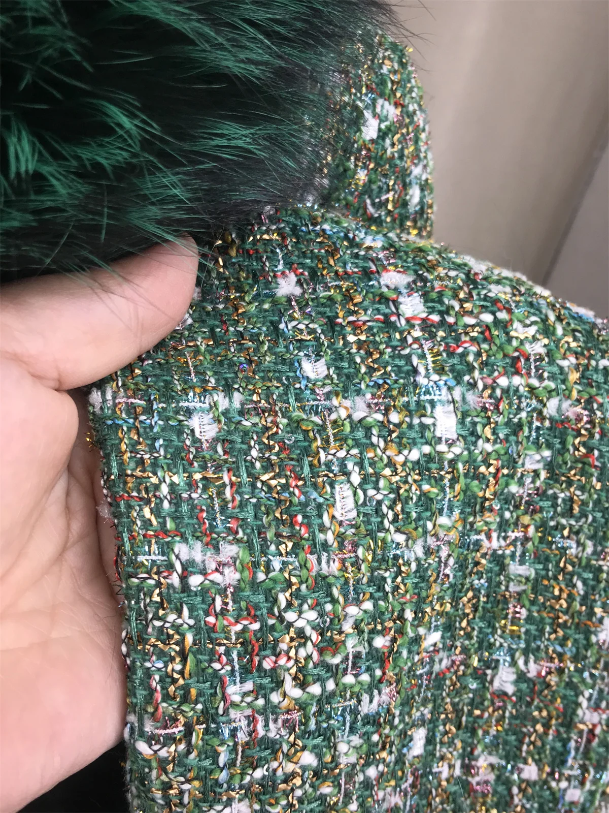 Short Jacket Coat With Real red Fox Fur Collar Cuffs Front And Belt Woman Elegant Fur 2024 Autumn Winter Green Color