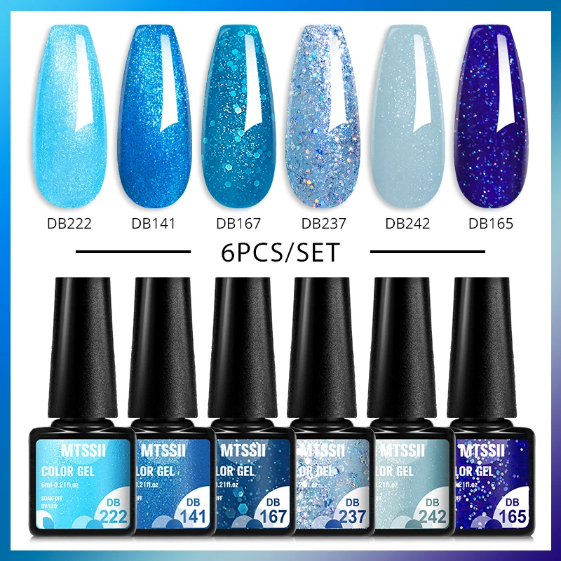 Mtssii 6pcs/set Glitter Gel Nail Polish Set Semi-permanent Nail Gel Metallic Gel Nail Polish DIY Nail Art Soak Off Uv Gel Kits 4