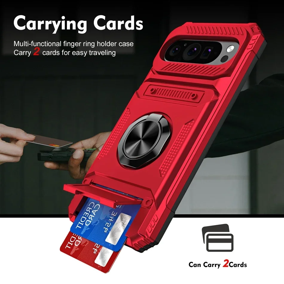 Magnetic Car Mount Wallet Armor Case with Ring Holder and Stand