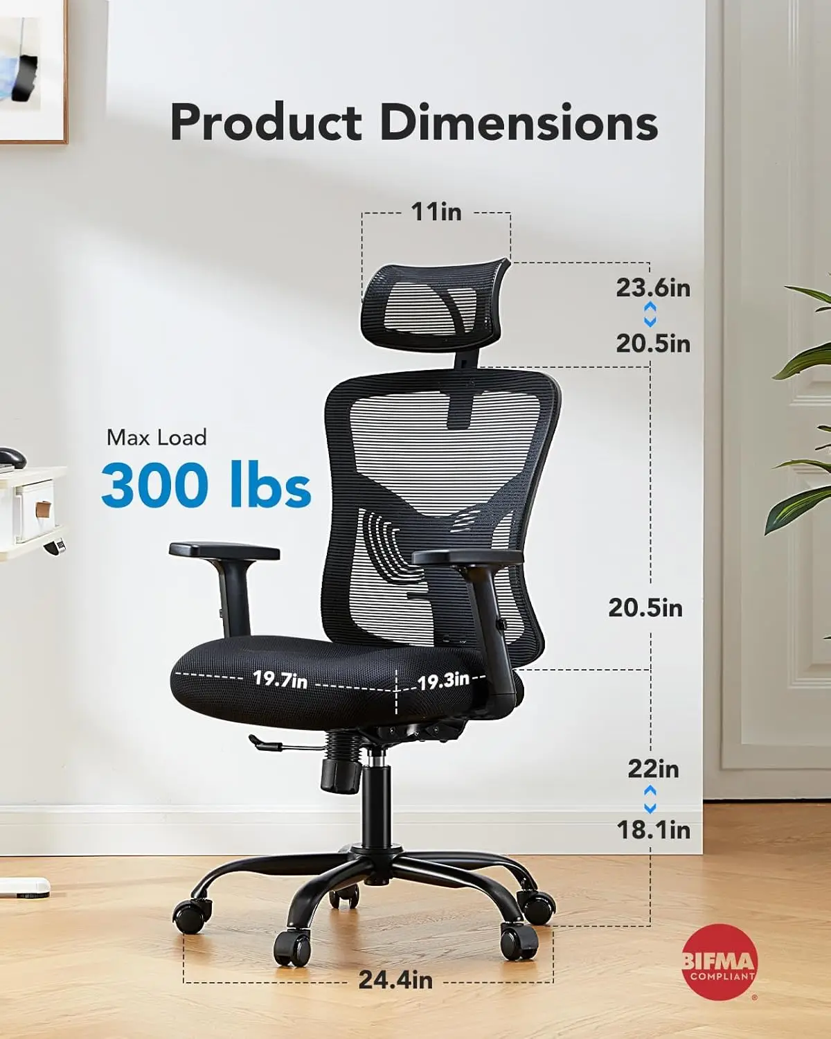 Huanuo Ergonomic Office Chair, High Back Desk Chair With S-Shaped Backrest, Adjustable Lumbar Support, Headrest, Armrest, Mesh 3