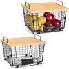 2 Set Stackable Wire Basket with Bamboo Top - Kitchen Counter, Pantry Organizer and Storage - Produce Onion Potato 1