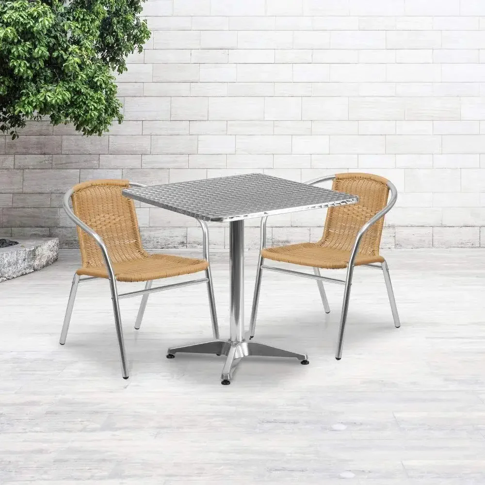 27.5 Inch Square Aluminum Table Set with 2 Rattan Chairs Indoor Outdoor Use Lightweight Commercial Residential Bistro Dining 3