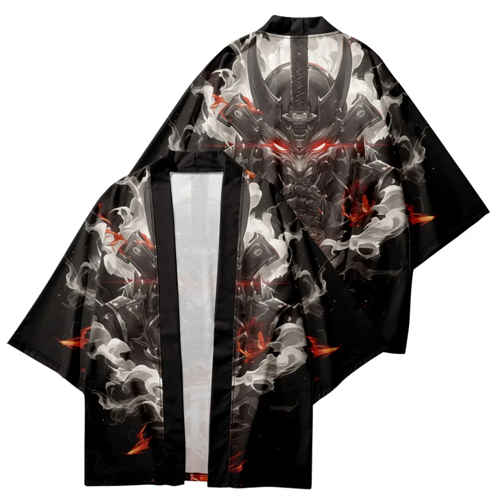 Men Cardigan Haori Japanese Anime Demon Samurai Print Kimono Harajuku Women Beach Yukata Plus Size