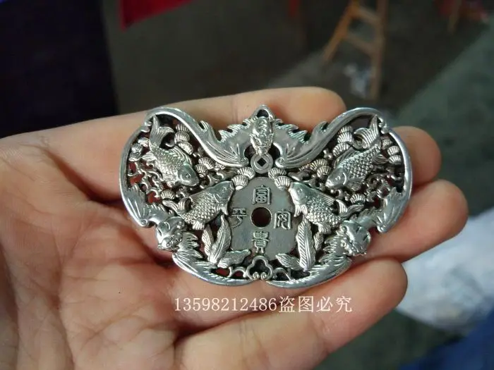 Antique bronzes collection Miao silvery white copper silver plated hollowed-out rich and peaceful bat carp pendant brand pendant