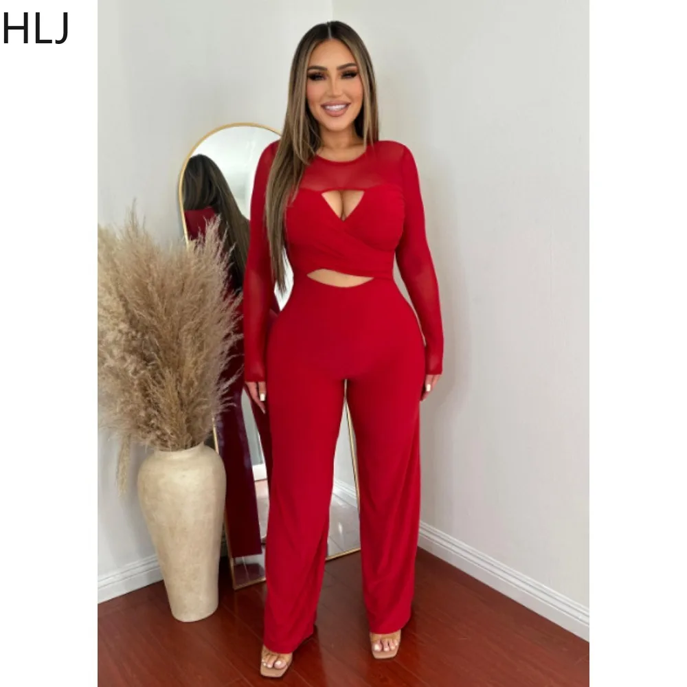 HLJ Red Spring New Patchwork Hollow Jumpsuits Women Round Neck Long Sleeve Wide Leg Pants One Piece Playsuits Casual Overalls