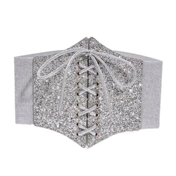 Sparkling Glitter Wide Lace Up Corset Sexy Waist Belt Underbust Bustier Women Wide Cropped Top Lace Elastic Corset