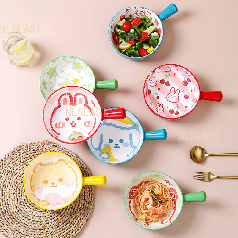 1pcs Oven Specific Ceramic Baking Bowl Household Fruit Salad Bowl with Handle Cartoon Single Handle Noodle Tableware Plate