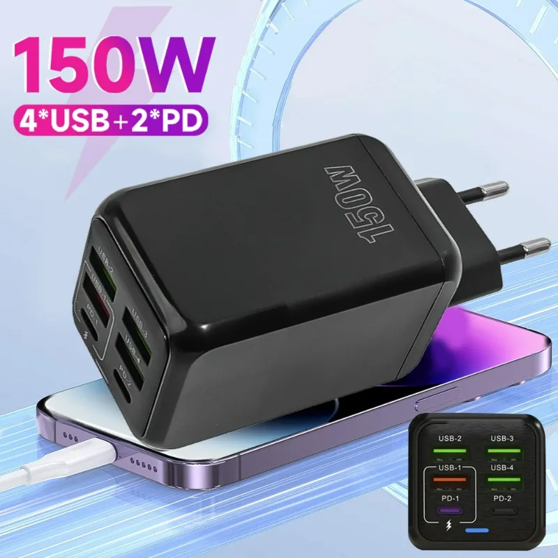 150W Super Quick Charging Multi Ports Cell Phone Charger Head 4 USB A 2 PD Wall Charger Adapter for IPhone 15 14 Samsung Xiaomi 4 S39d27cee1eb847658e245ef7bf984f7ft