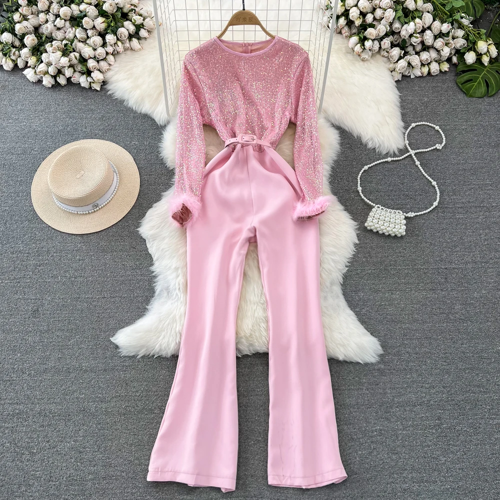 

Fashionable Women Long Sleeve Jumpsuits Light Luxury O Neck Gauze Sequins Splicing High Waist Wide Leg Pants Casual Jumpsuits