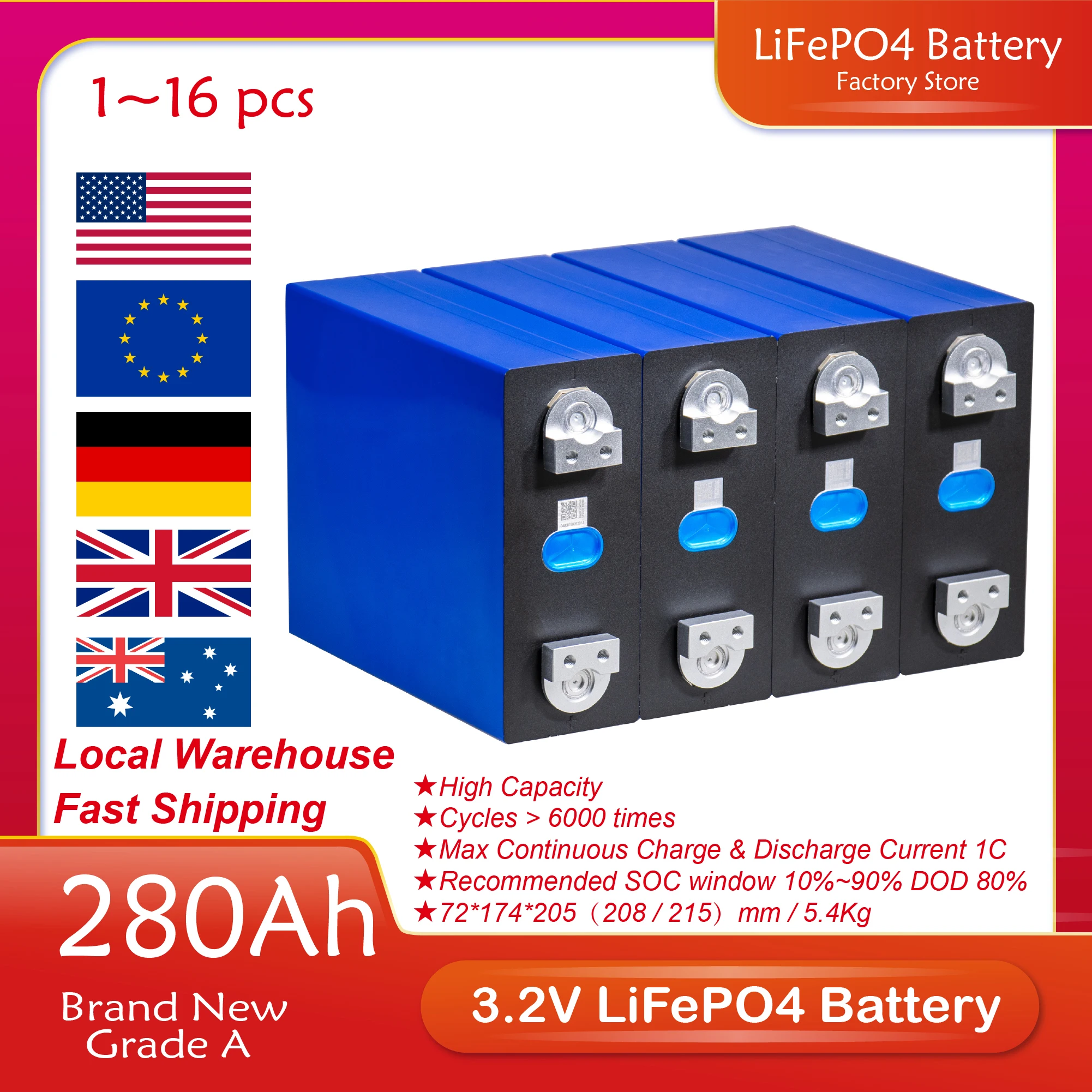 

64/32/16/8/4/2/1PCS 280AH 3.2V LFP Battery Cells LF280K Grade A With Busbar DIY 48V 12V 24V Battery Pack For Boats EU Stock