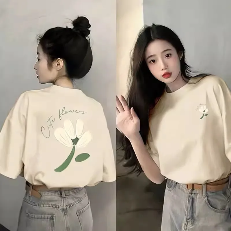 Heavyweight Pure Cotton Summer Short Sleeves T-shirt Printed Loose Niche College Style Youth All-Match Top 4