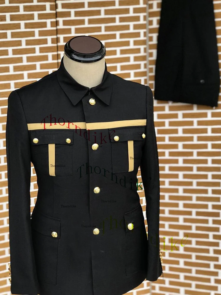 Thorndike Navy Blue Men Suits Casual Blazer Single Breasted African Stand Lapel Leisure Safari Style Outfits Jacket Pants