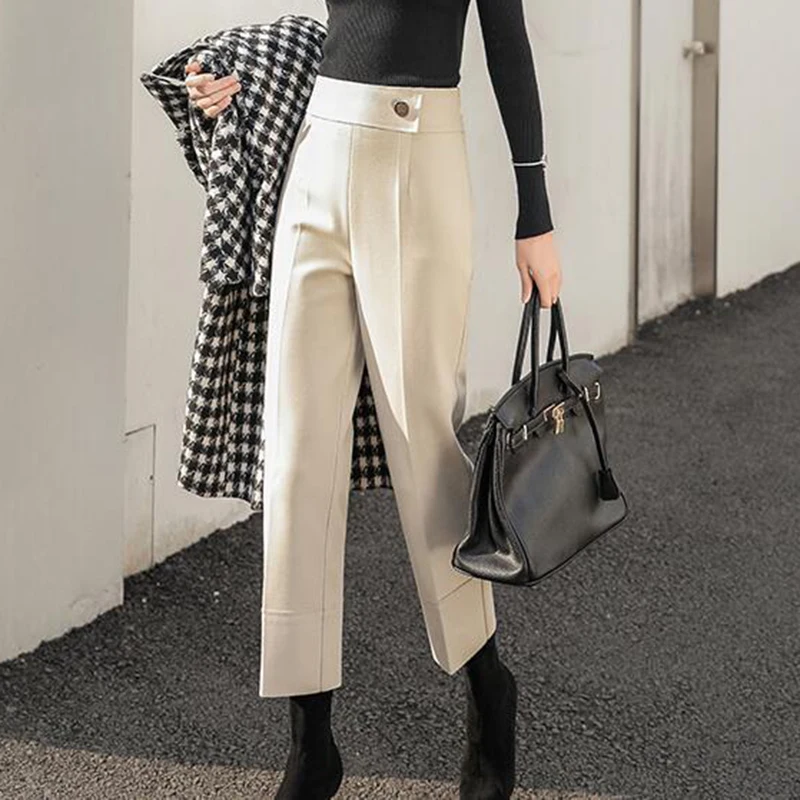 Women Woolen Suit Pants 2024 Korean Style High Waist Ankle-Length Pants Autumn Winter Elastic Loose Straight Pantalones Solid