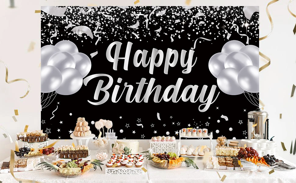 Alles Gute zum Geburtstag Banner Hintergrund, schwarz und silber Geburtstags feier Dekorationen, Geburtstags feier liefert Männer und Frauen – Detail 2