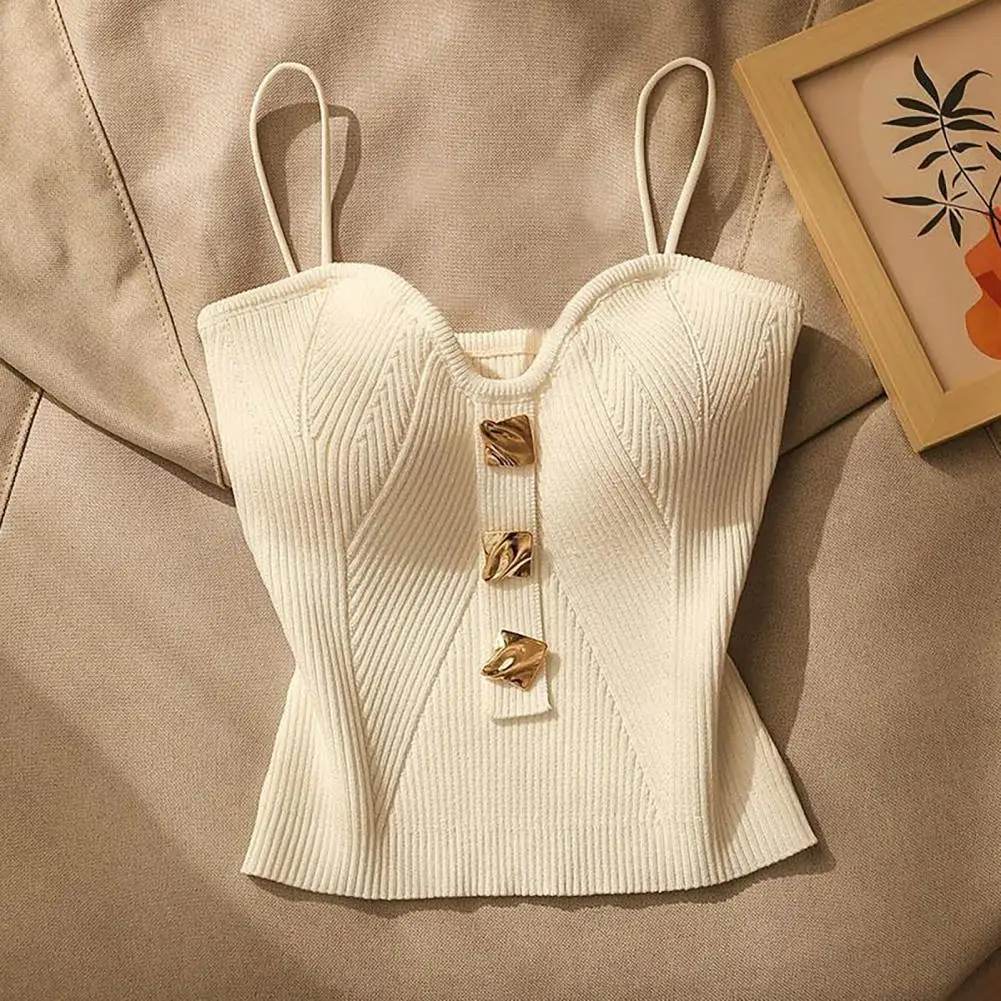 

Women Vest Spaghetti Strap Padded Backless Sleeveless Knitted Elastic Solid Color V Neck Button Decor Camisole Bottom Top Crop T
