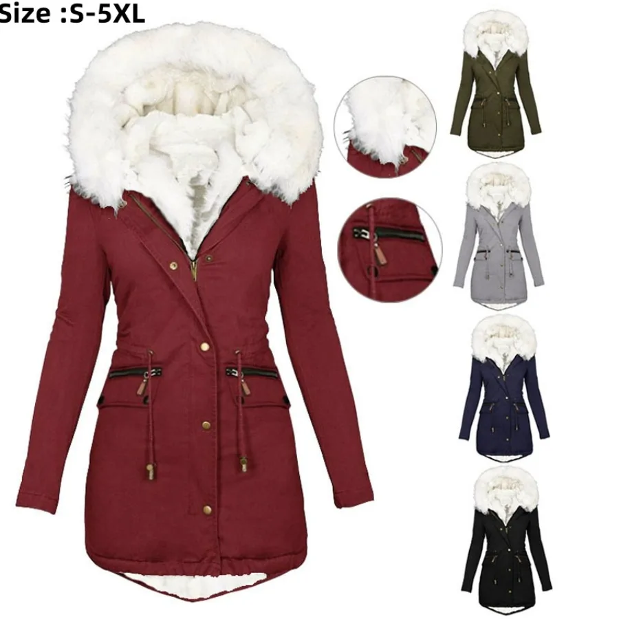 

2024 Women's Jacket Hooded Drawstring Parka Coat Zipper Front Pocket Warm Thick Snow Wear Thermal Overcoat Female Outwear Jacket