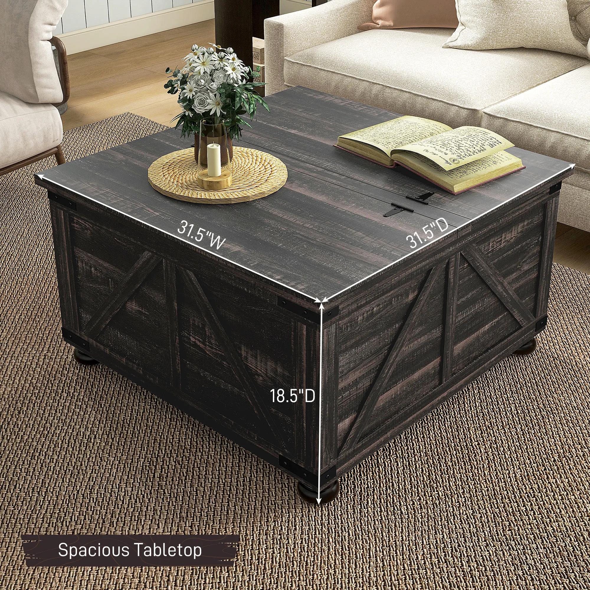 Coffee Table with Flip Top Hidden Storage, Square Center Table Distressed Brown 3