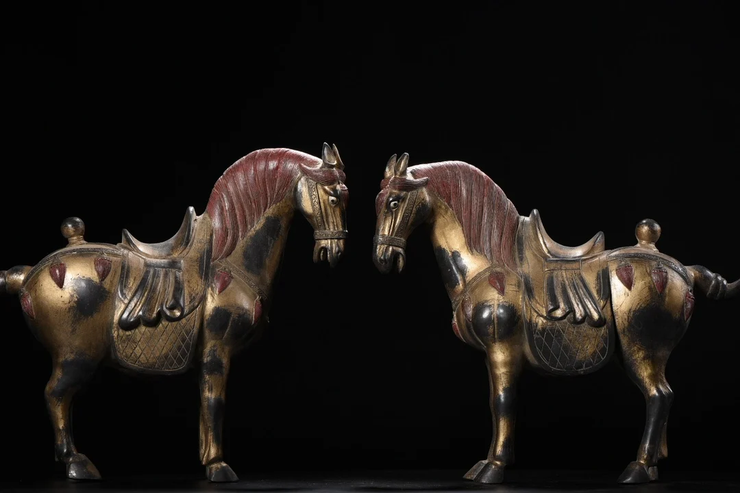 

15"Tibetan Temple Collection Old Bronze Cinnabar Mud gold Tang Ma Ma Statue A Pair Amass wealth Ornaments Town house