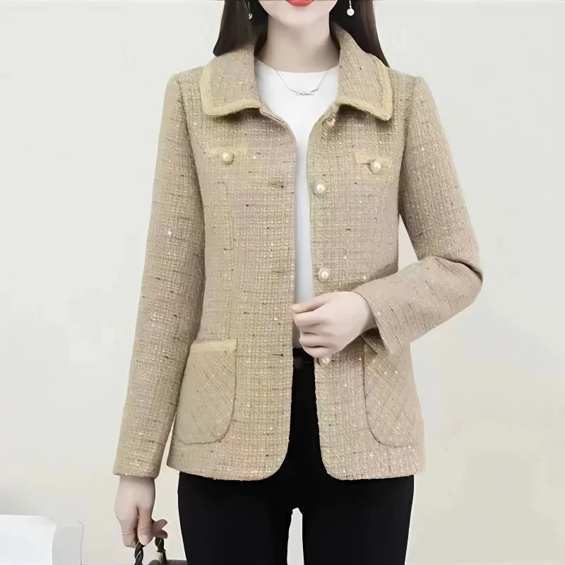 

Женская осенне-зимняя шерстяная куртка, новые маленькие ароматные твидовые шерстяные блейзеры, базовые пальто для женщин среднего возраста, женская верхняя одежда