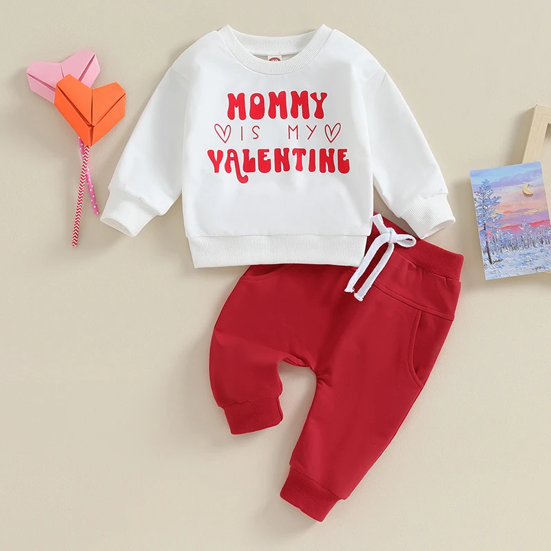 

Lioraitiin 0-24M Toddler Boys Valentine's Day Outfits Heart Letter Print Long Sleeve Sweatshirts and Solid Pants Clothes Set