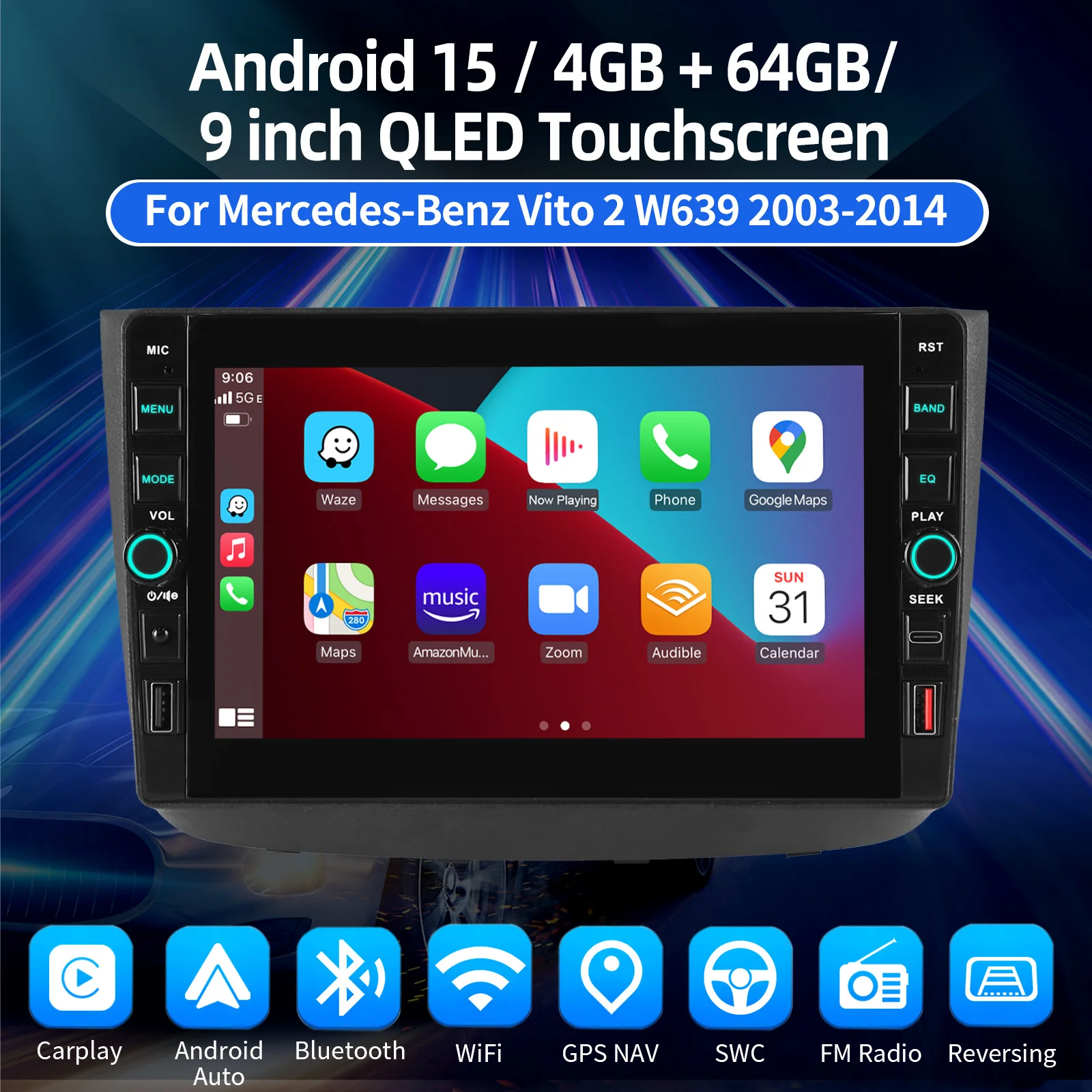 Autoradio ESSGOO Android 15 9 Zoll QLED Touchscreen 4+64G für Mercedes-Benz Viano/Vito 2 W639 2004-2014 Drahtloses CarPlay Android Auto GPS Navigation FM Bluetooth RDS Lenkradsteuerung Mirror Link – Detail 3