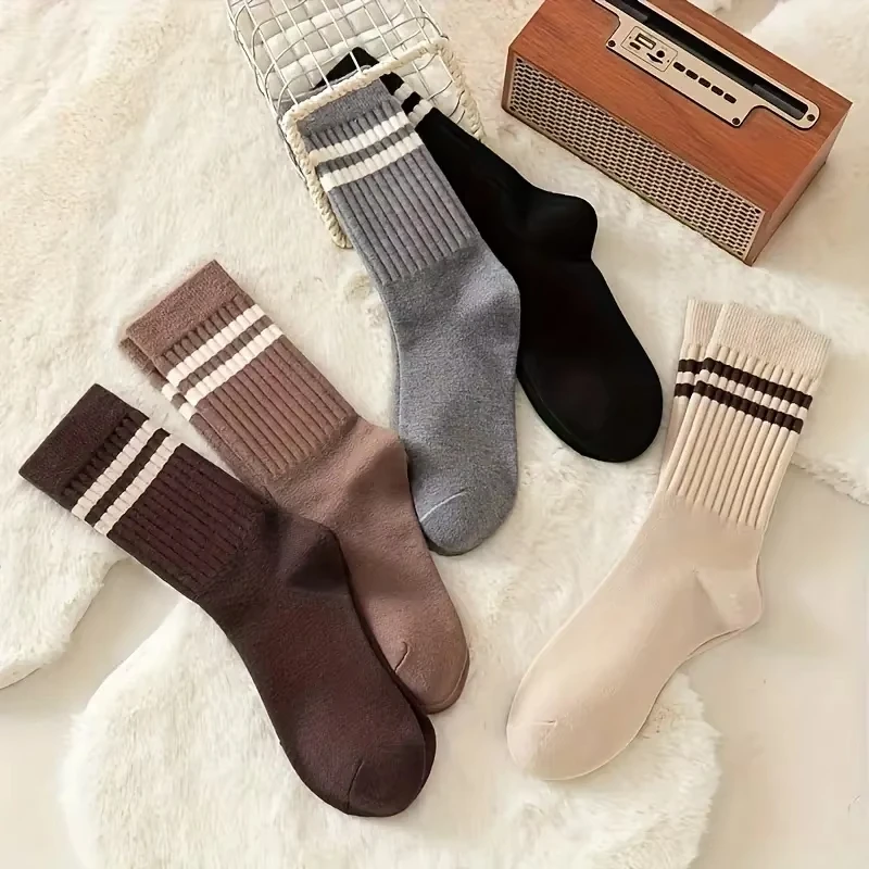 Trendy Striped Crew Socks Women's JK Fashion Socks Sports Daily Wear Cute Fall Winter Collection 5 Pairs Pack