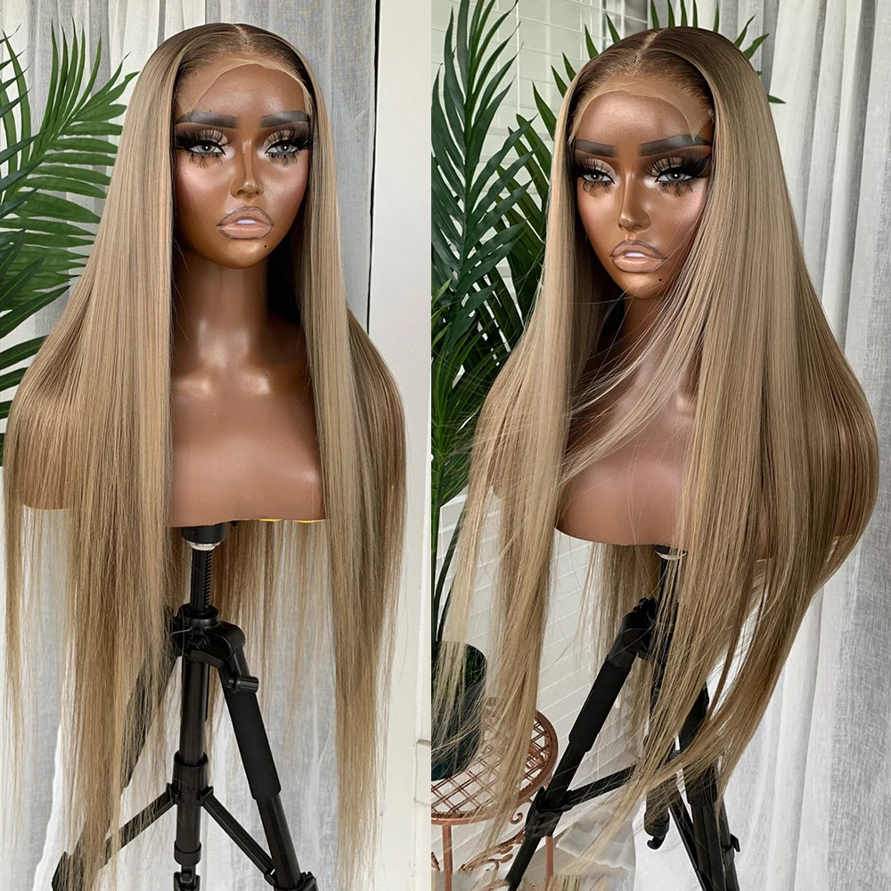 

26inch Long Ombre Ash Blonde Gray Straight European Virgin Human Hair Jewish Wig 13x4Lace Front Kosher Sheitel Wig For Women