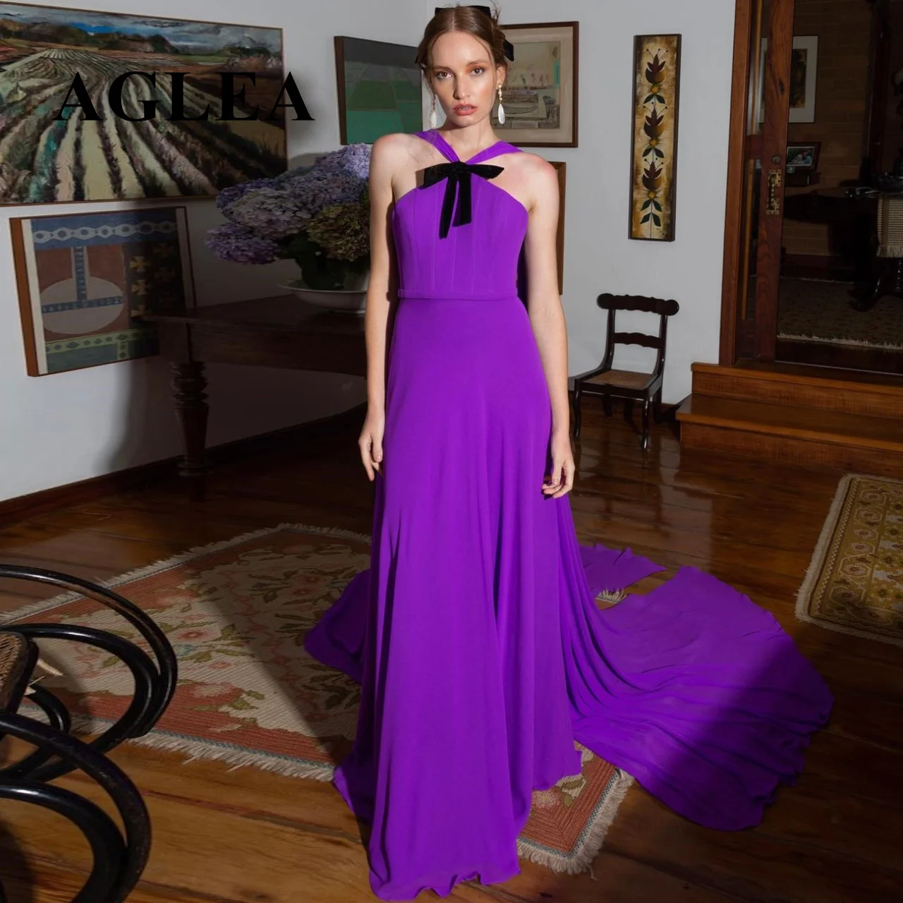 

AGLEA 2023 Vestidos De Noche Halter Neck Prom Dresses with Black Bow Long Flutters Evening Party A Line Formal Banquet Gowns