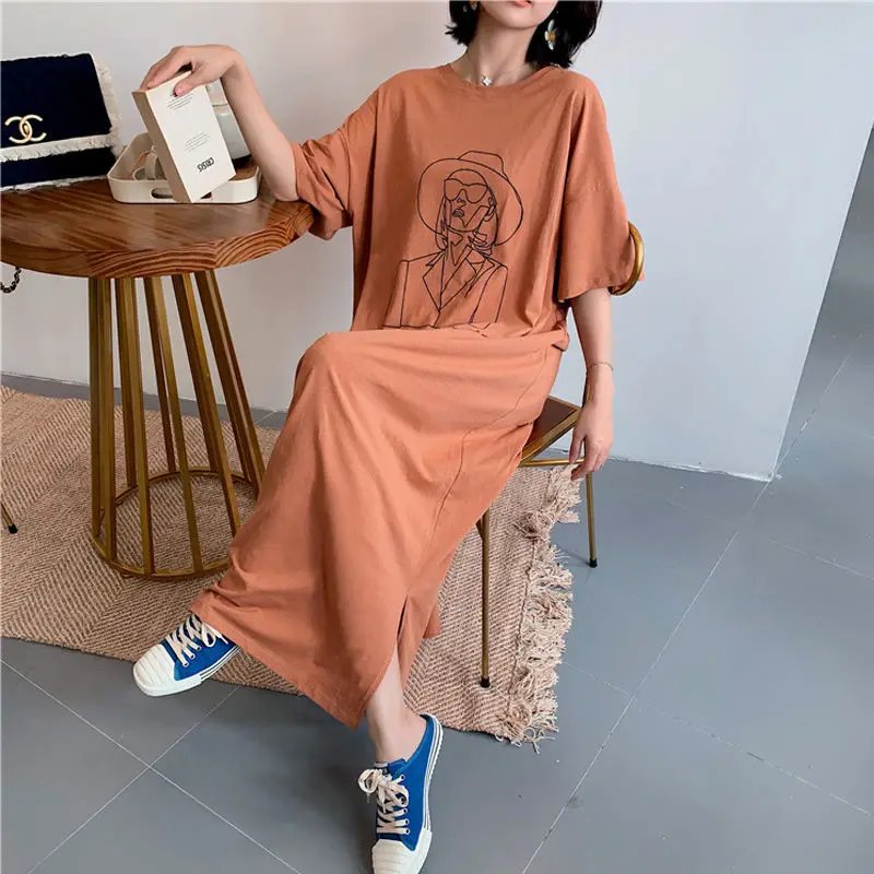 Summer 2022 Korean Women Dress Short Sleeve O-neck Pure Cotton Show Thin T-shirt Dress Large Loose Maternity Draped Long Dresses