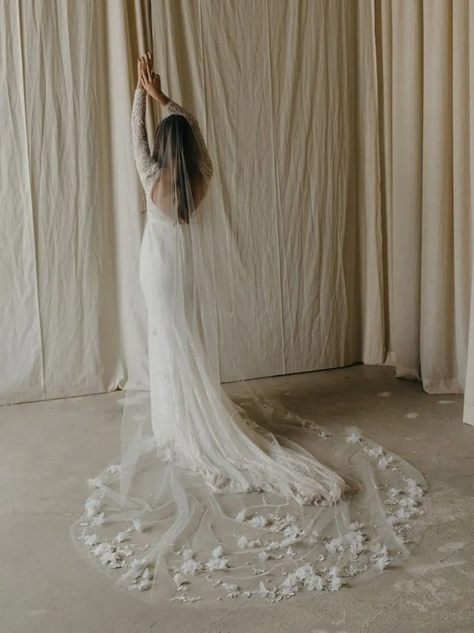 Bridal Veil TOPQUEEN V52 3D Flowers Wedding Veil with Pearls Bridal Veils Long Train Bridal Shower 3 Meter Veu de Noiva