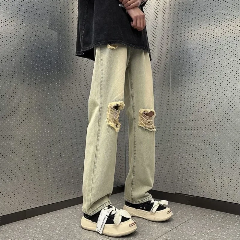 

EBAIHUI Vintage Casual Men's Pants Loose Straight Leg Slim Broken Hole Design Male Trousers Summer New Solid Color Jeans