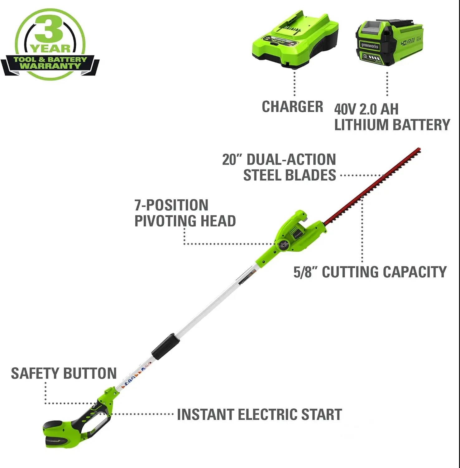 40V 20 Cordless Pole Hedge Trimmer 2.0Ah Battery and Charger Included 20-inch Steel dual action blade 9.2 Pounds