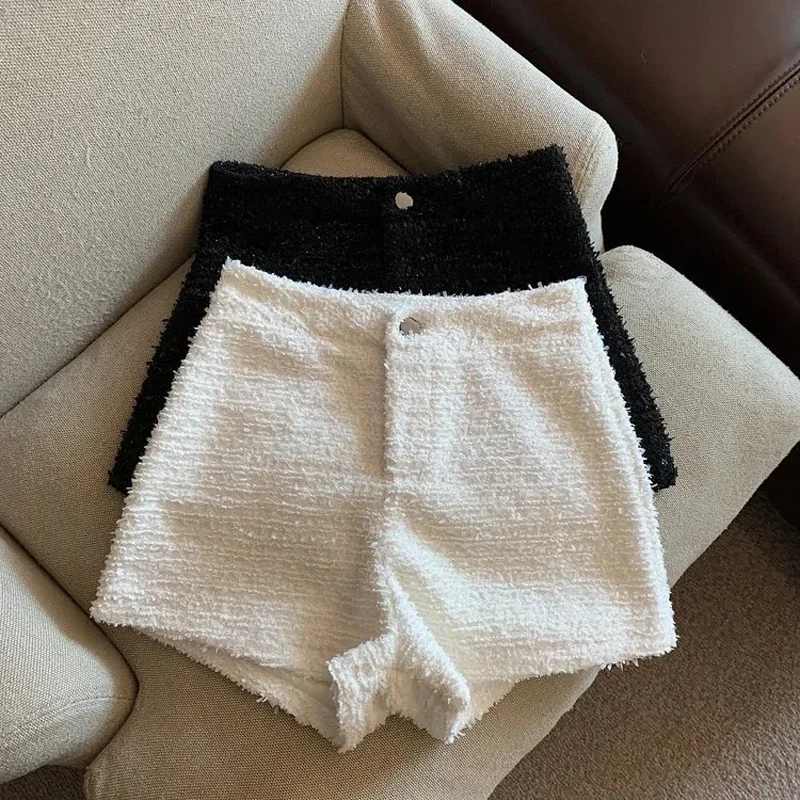 

Korean Casual Tweed Shorts Women Solid Autumn Winter All Match High Waist Pants Vintage Shorts Mujer Zipper Wide Leg