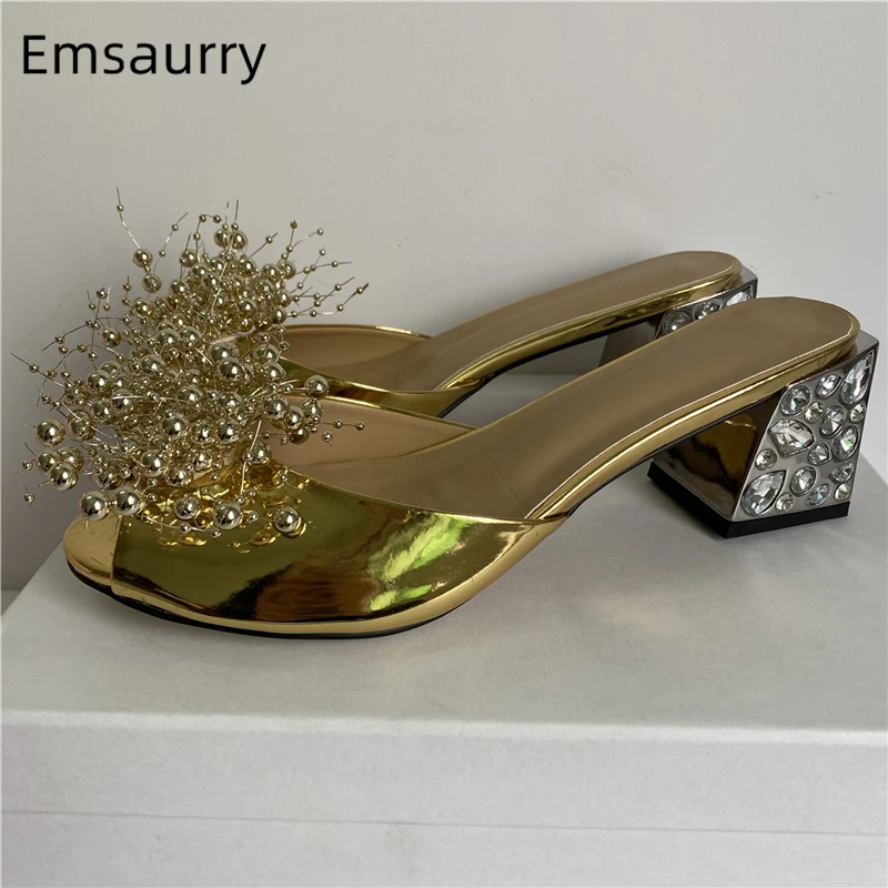 

String Beads Flower Decor Sandals Women Luxury Patent Leather Diamond Rhinestone Square Heel Slingbacks Summer Mules