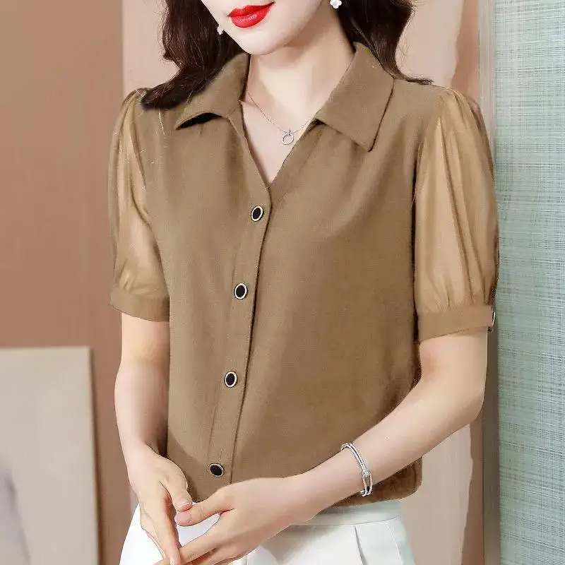 

Office Lady Fashion Solid Color Chiffon Blouse Summer Short Sleeve Spliced Single-breasted Female Casual Turn-down Collar Shirt